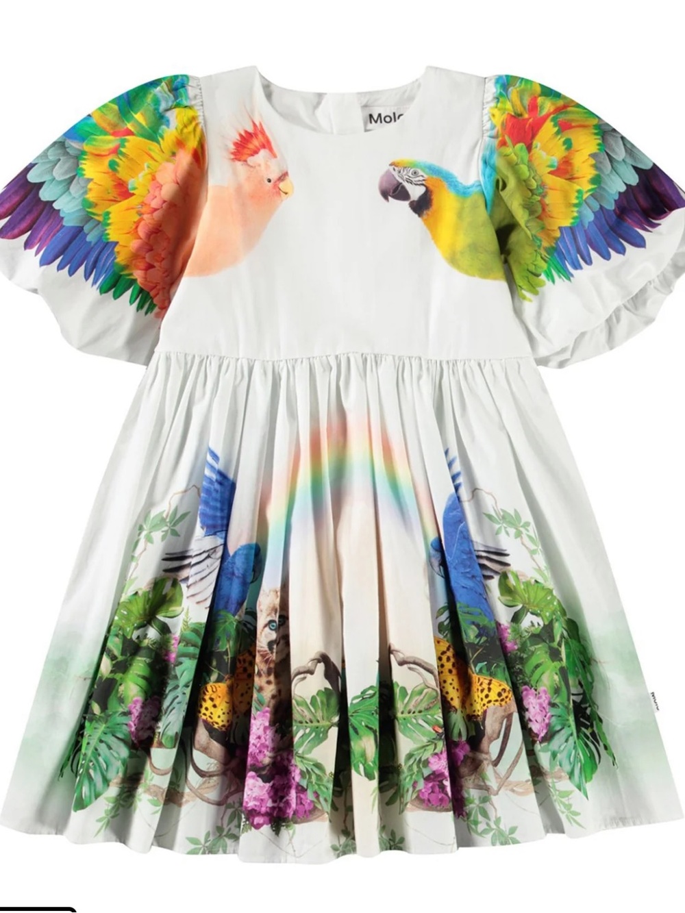 Molo White Dress with Multicolor Parrot & Jungle Print